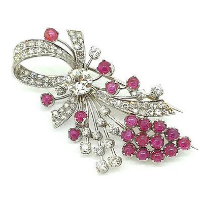 Vintage 1ct Diamond and Cabochon Ruby Brooch, Circa 1940s