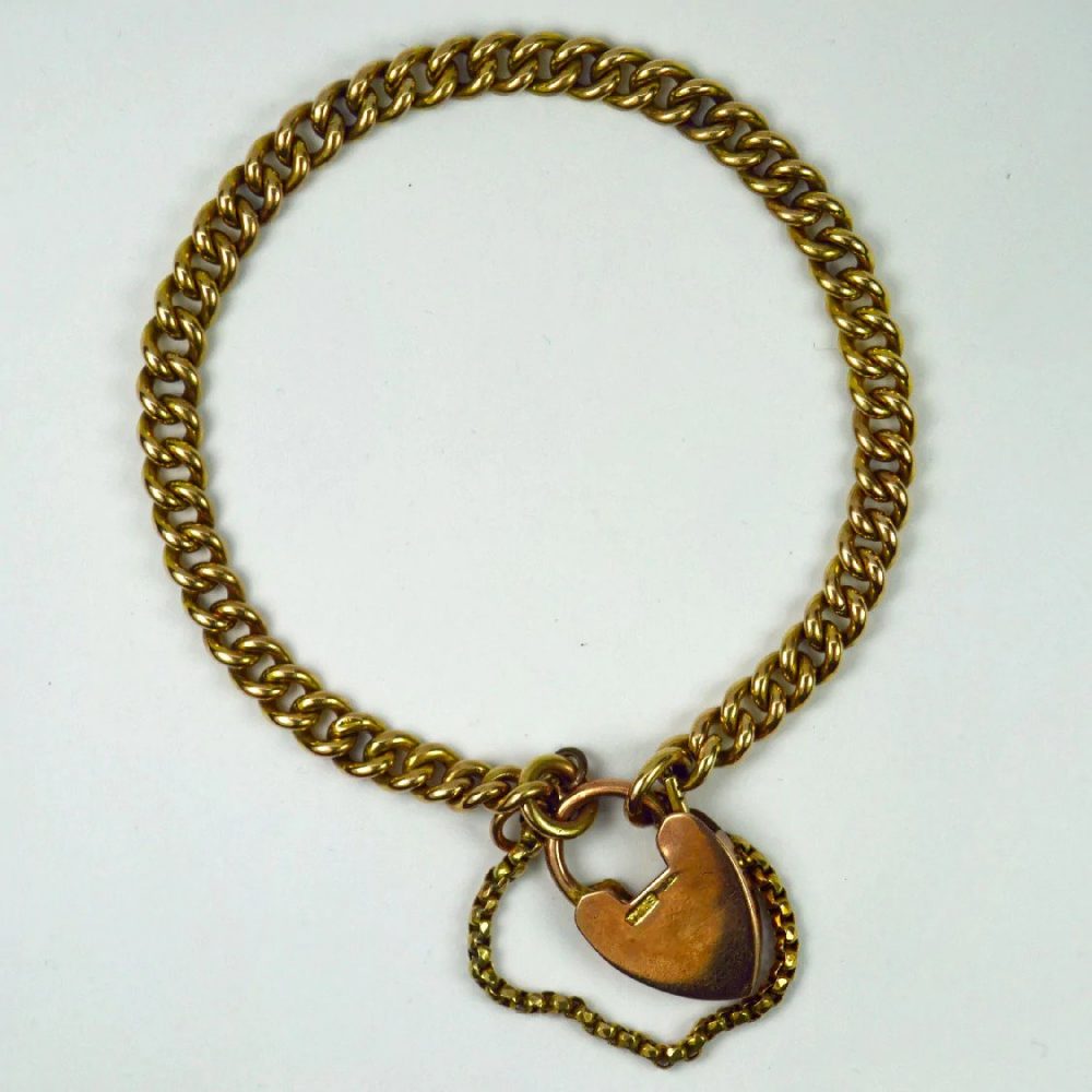 Antique Victorian Rose Gold Link Bracelet with Heart Padlock