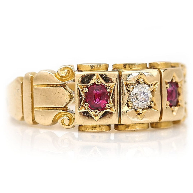 Victorian Antique Ruby and Diamond Three Stone Gypsy Ring