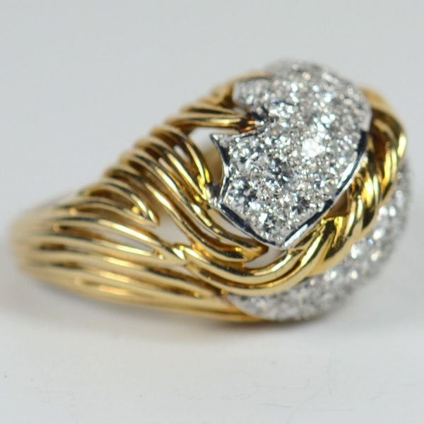 Vintage 1950s Diamond and 18ct Yellow Gold Leaf Design Bombe Ring