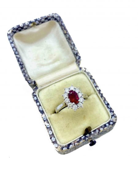 Burmese Ruby and Diamond Cluster Ring in 18ct White Gold, 1.01 carats