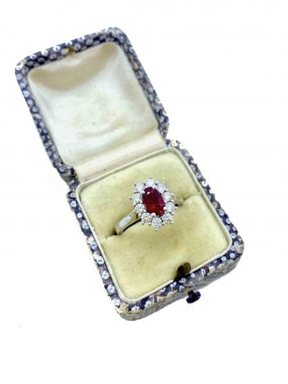 Burmese Ruby and Diamond Cluster Ring in 18ct White Gold, 1.01 carats