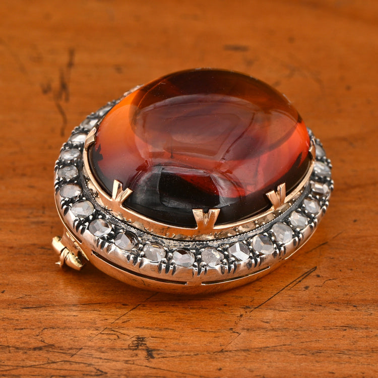 Antique 30ct Natural Baltic Amber and 2.30ct Rose Cut Diamond Cluster Brooch