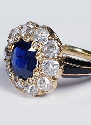 Antique Sapphire and Diamond Cluster Ring with Enamel