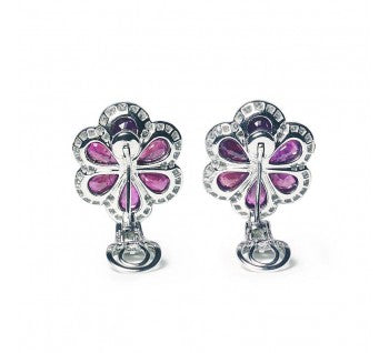Ruby and Diamond Flower Cluster Stud Earrings, set in Platinum