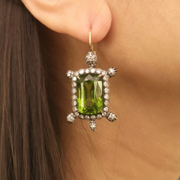 Peridot and Diamond Turtle Earrings, 30.48 carats