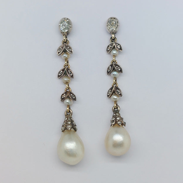 Edwardian Antique Certified Natural Pearl and Diamond Drop Earrings