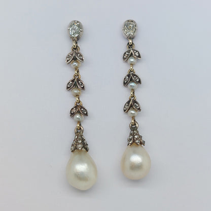 Edwardian Antique Certified Natural Pearl and Diamond Drop Earrings