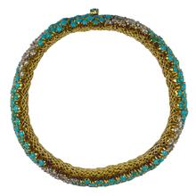 Italian Blue Turquoise White Diamond Yellow Gold Pelouse Bracelet; cabochon turquoise and brilliant cut diamonds, 18ct yellow and white gold