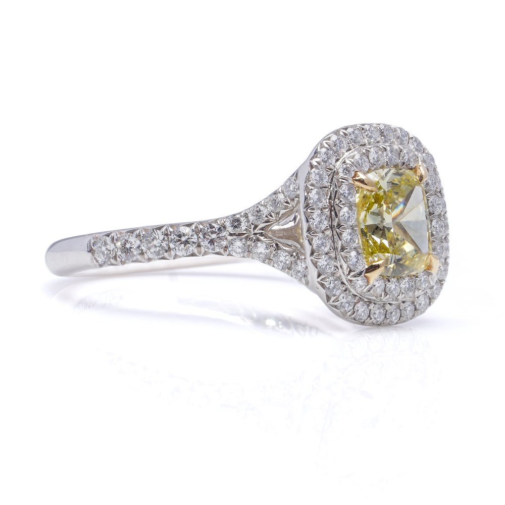 Tiffany and Co 0.85ct Fancy Yellow Diamond Ring with Double White Diamond Halo