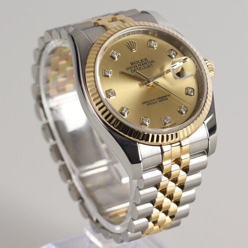 Rolex Mens Datejust 116233 Watch, steel and gold, 36 mm, factory diamond hour markers, automatic movement