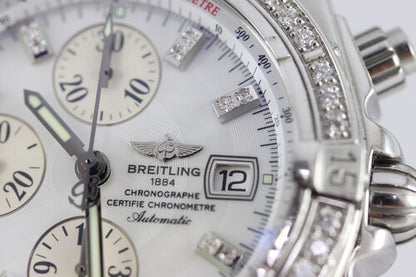 Breitling Chronomat Evolution Diamond 44mm Stainless Steel Automatic, A13356, white mother of pearl dial, factory set diamond hour markers and bezel, blue Breitling crocodile leather strap with Breitling buckle, With Breitling box and papers