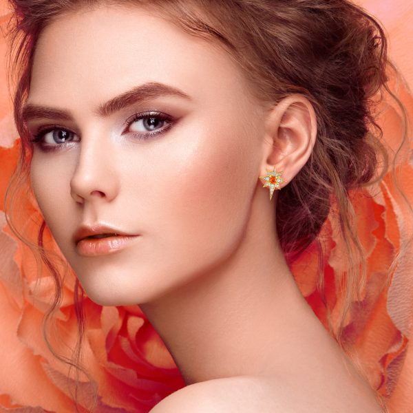 Orange Sapphire and Diamond Star Stud Earrings