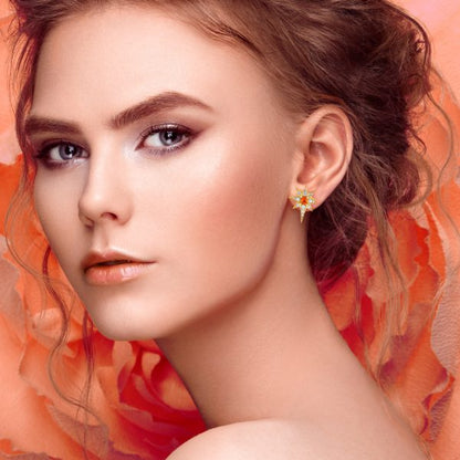 Orange Sapphire and Diamond Star Stud Earrings