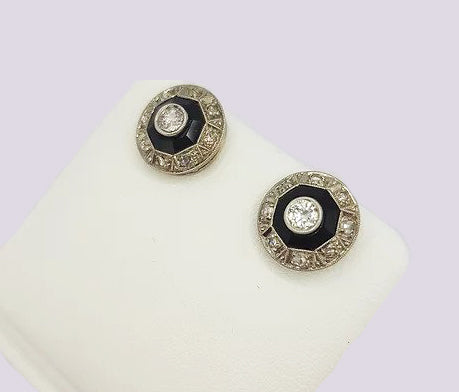 Art Deco Onyx and Old Cut Diamond Cluster Stud Earrings, 18ct white gold