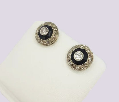 Art Deco Onyx and Old Cut Diamond Cluster Stud Earrings, 18ct white gold