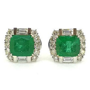 Contemporary 3.79ct Cushion Cut Emerald Earrings with Brilliant and Baguette Diamond Surround
