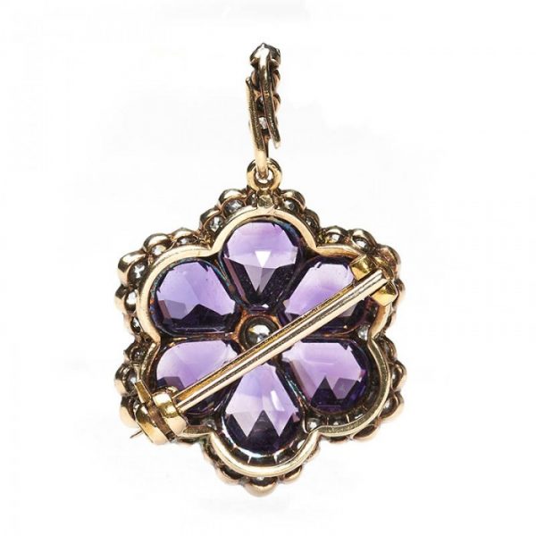 Antique Victorian Amethyst Diamond Flower Pendant Brooch