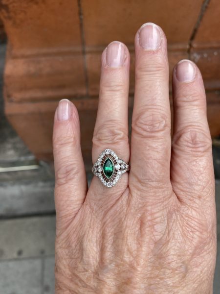 Columbian Emerald and Diamond Navette Cluster Ring