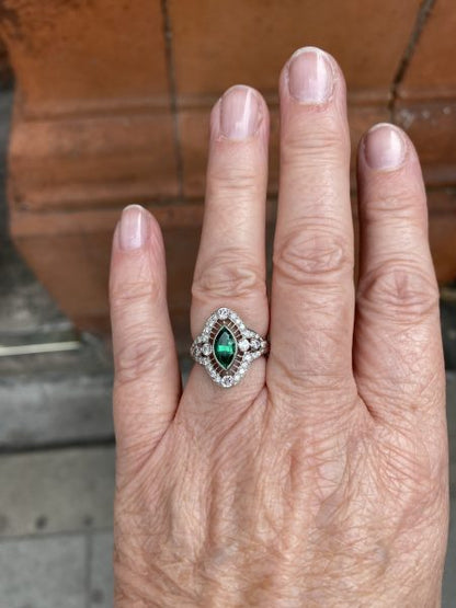 Columbian Emerald and Diamond Navette Cluster Ring