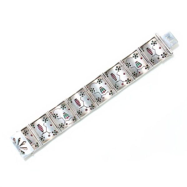 Art Deco Silver Panel Bracelet with Rubies, Emeralds, Sapphires and Paste