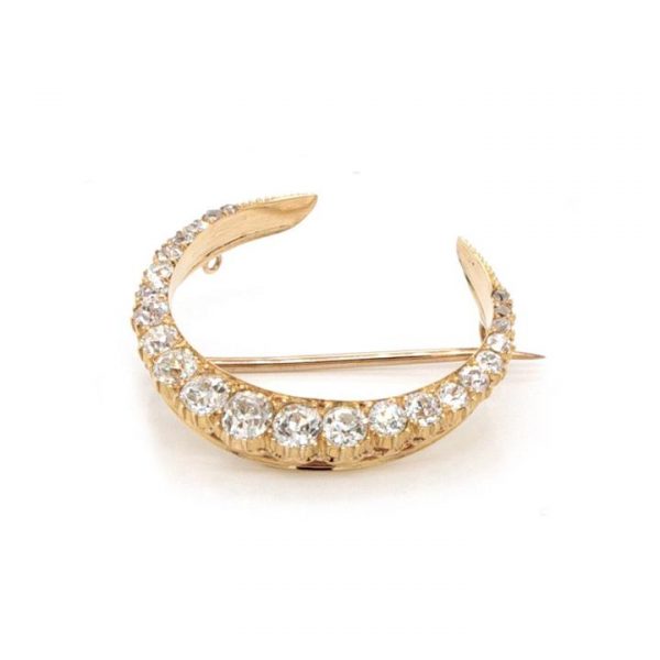 Antique Old Cut Diamond Half Moon Crescent Brooch, 1.90 carats