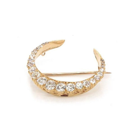 Antique Old Cut Diamond Half Moon Crescent Brooch, 1.90 carats