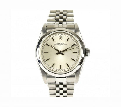 Rolex Oyster Perpetual Midi Wrist Watch, round 31mm stainless steel case, automatic self-winding movement, on a Rolex stainless steel Jubilee bracelet
