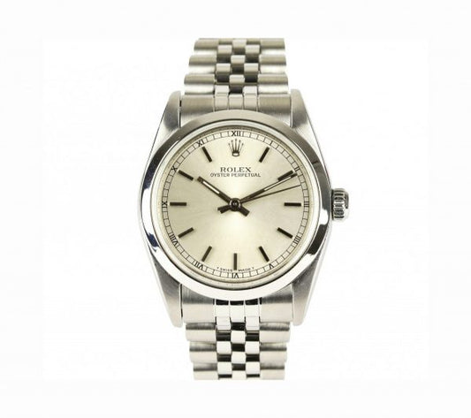 Rolex Oyster Perpetual Midi Wrist Watch, round 31mm stainless steel case, automatic self-winding movement, on a Rolex stainless steel Jubilee bracelet