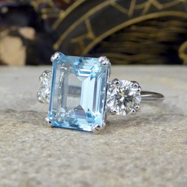 3.35ct Aquamarine and Diamond Three Stone Ring