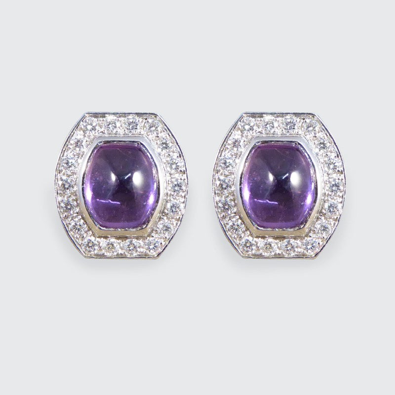 3.40ct Cabochon Cut Purple Sapphire and Diamond Stud Earrings