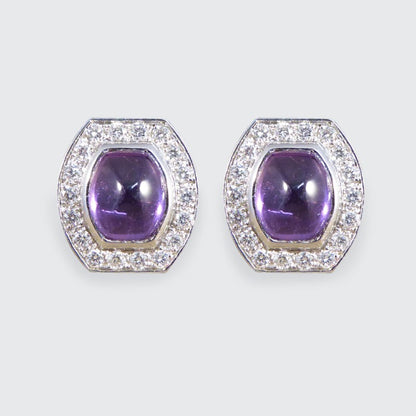 3.40ct Cabochon Cut Purple Sapphire and Diamond Stud Earrings