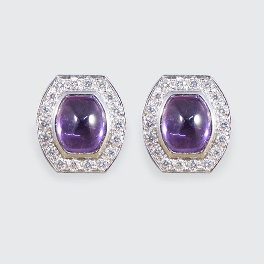 3.40ct Cabochon Cut Purple Sapphire and Diamond Stud Earrings
