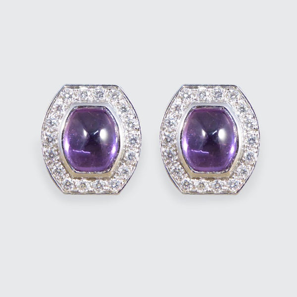 3.40ct Cabochon Cut Purple Sapphire and Diamond Stud Earrings