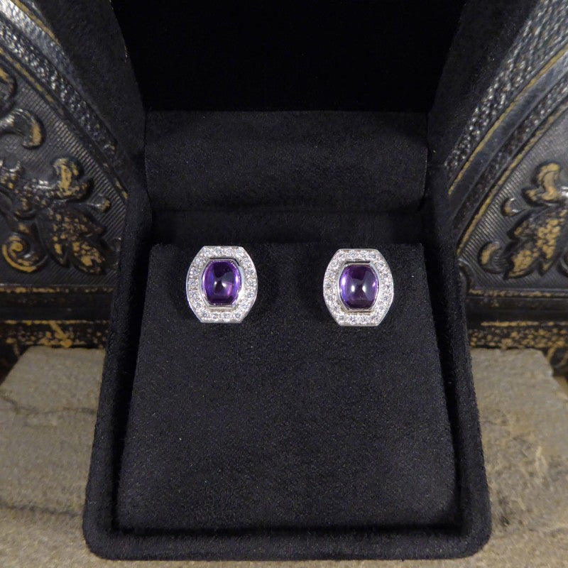 3.40ct Cabochon Cut Purple Sapphire and Diamond Stud Earrings