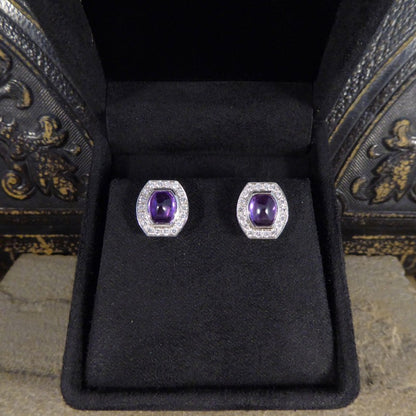 3.40ct Cabochon Cut Purple Sapphire and Diamond Stud Earrings