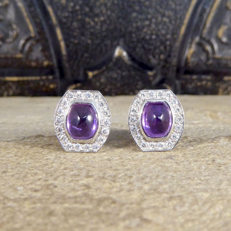3.40ct Cabochon Cut Purple Sapphire and Diamond Stud Earrings