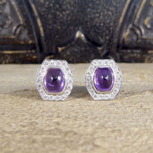 3.40ct Cabochon Cut Purple Sapphire and Diamond Stud Earrings