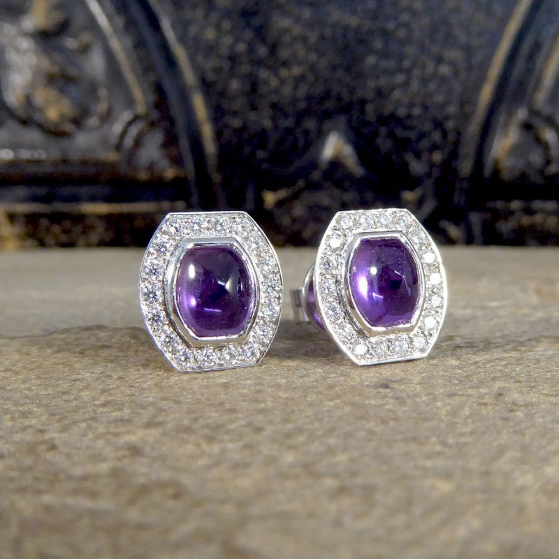3.40ct Cabochon Cut Purple Sapphire and Diamond Stud Earrings