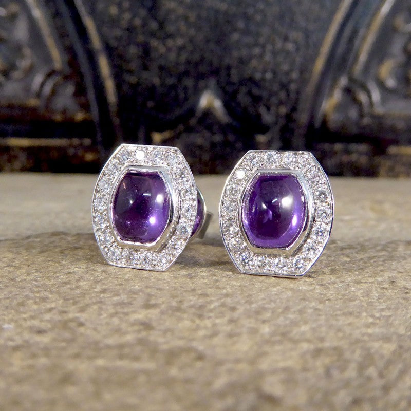3.40ct Cabochon Cut Purple Sapphire and Diamond Stud Earrings