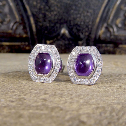 3.40ct Cabochon Cut Purple Sapphire and Diamond Stud Earrings
