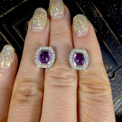 3.40ct Cabochon Cut Purple Sapphire and Diamond Stud Earrings