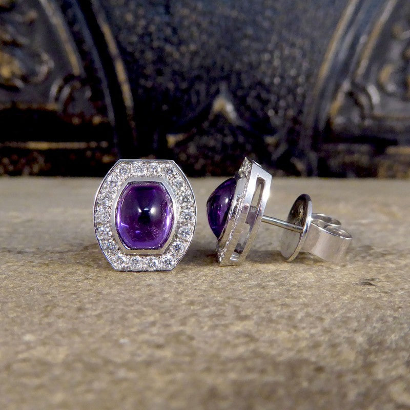 3.40ct Cabochon Cut Purple Sapphire and Diamond Stud Earrings