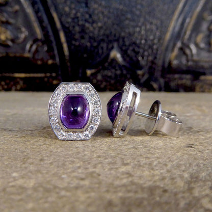 3.40ct Cabochon Cut Purple Sapphire and Diamond Stud Earrings
