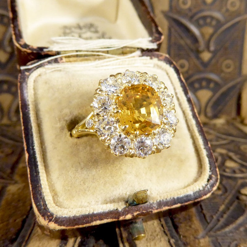 3.60ct Yellow Sapphire and 2.10ct Old Cut Diamond Cluster Ring