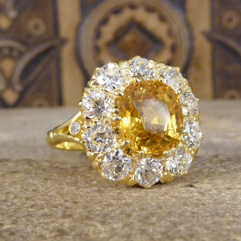 3.60ct Yellow Sapphire and 2.10ct Old Cut Diamond Cluster Ring