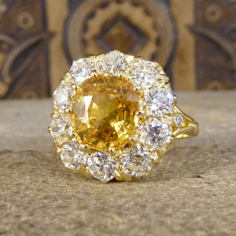 3.60ct Yellow Sapphire and 2.10ct Old Cut Diamond Cluster Ring