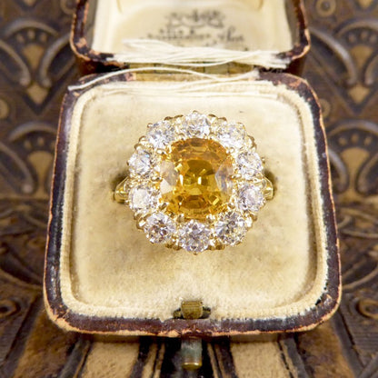 3.60ct Yellow Sapphire and 2.10ct Old Cut Diamond Cluster Ring