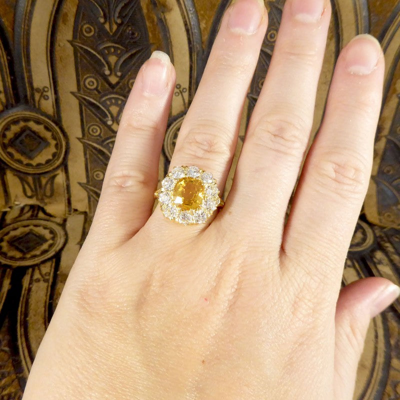3.60ct Yellow Sapphire and 2.10ct Old Cut Diamond Cluster Ring