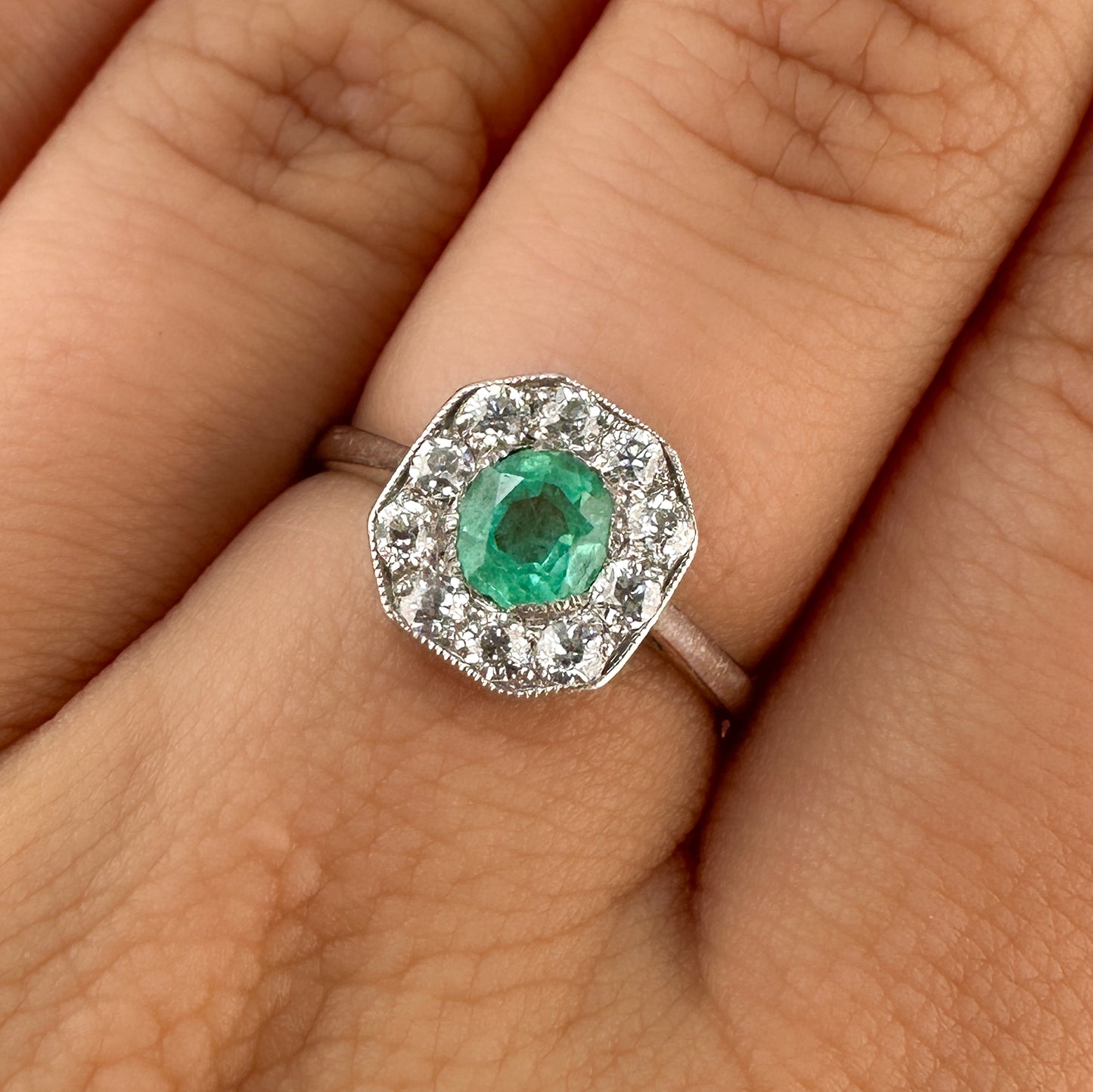 Edwardian Antique Emerald and Diamond Cluster Engagement Ring in Platinum